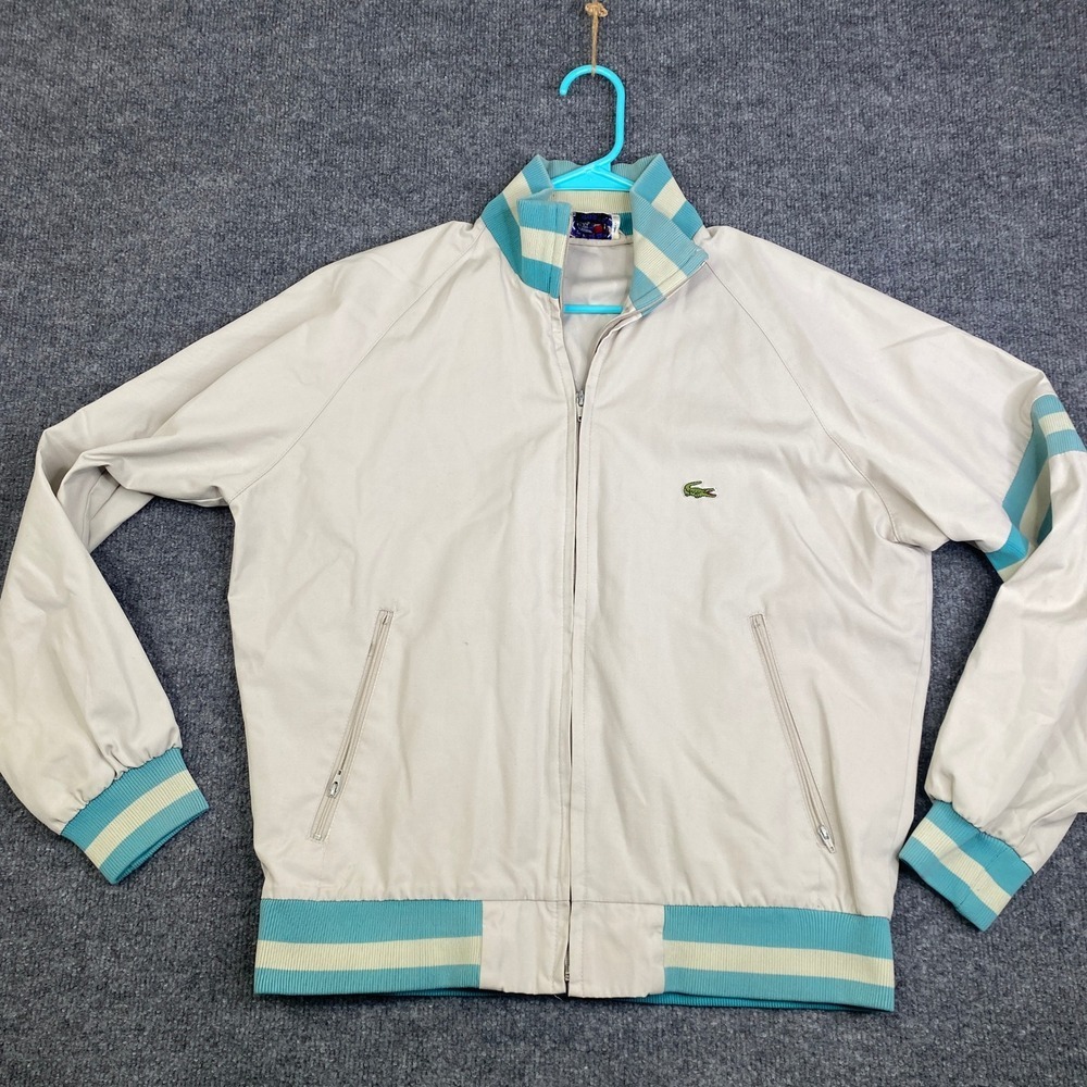 Vintage Izod Lacoste Harrington Jacket Mens Beige Teal Striped Windbreaker Zip